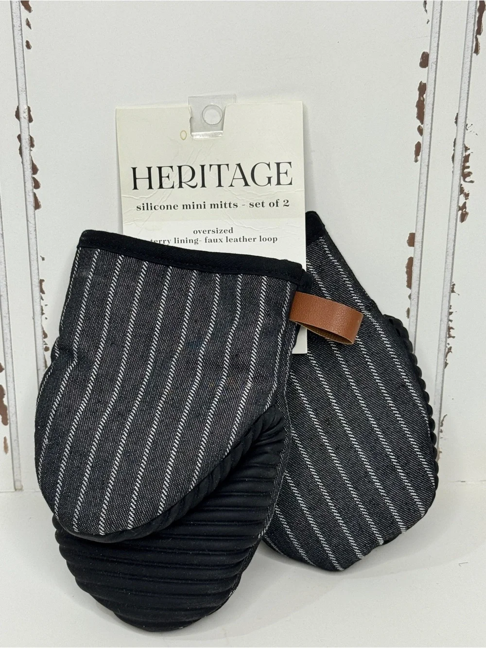 HERITAGE Black and White Pinstripe Silicone Mini Mitts with Brown Loop